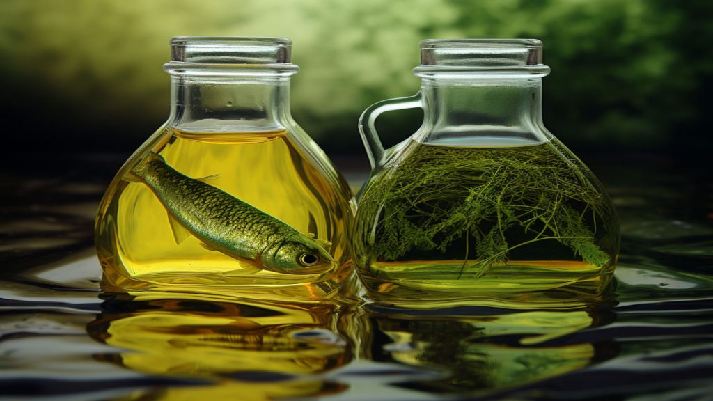algae oil vs fish oil, two bottles of oil, one with a fish in, the other algae cellls